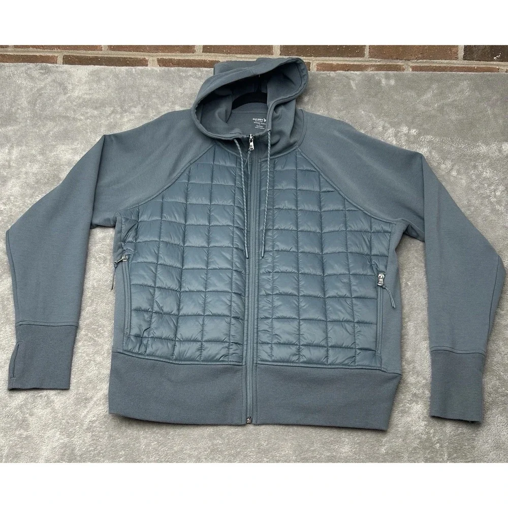 Old Navy Mens Active Dynamic Fleece Quilted Hybrid Zip Up Hoodie Blue Gray Large
